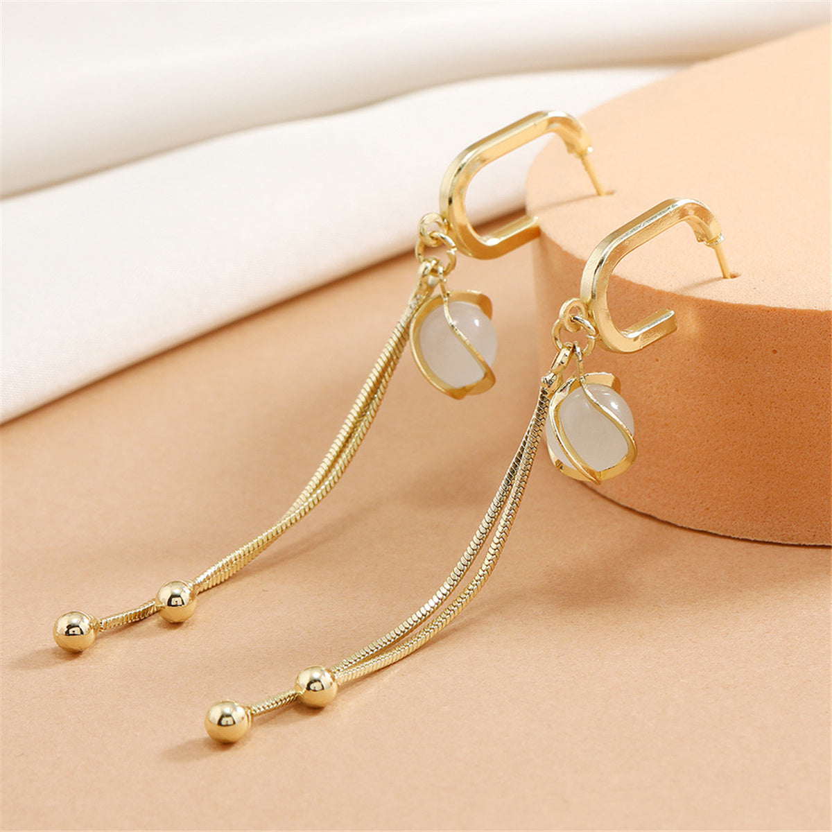 Cats Eye and 18K Gold-Plated Lantern Tassel Drop Earrings, gold drop earrings for women, lifestyle look