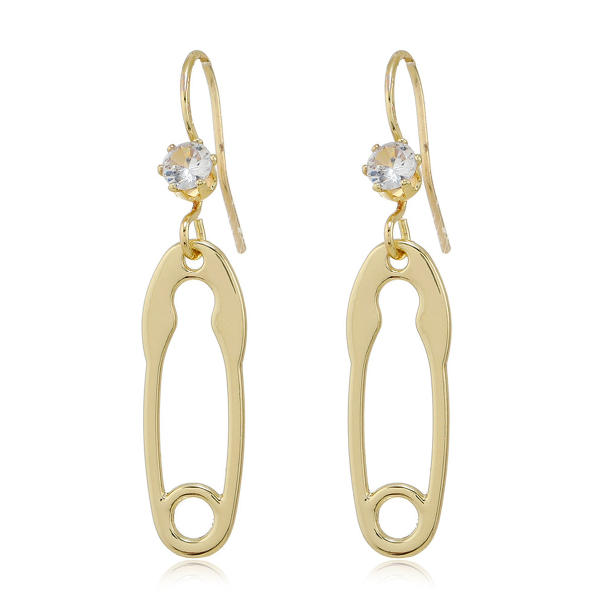 Cubic Zirconia and 18K Gold-Plated Safety Pin Drop Earrings, gold drop earrings for women, everyday style, front view