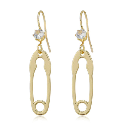 Cubic Zirconia and 18K Gold-Plated Safety Pin Drop Earrings, gold drop earrings for women, everyday style, front view