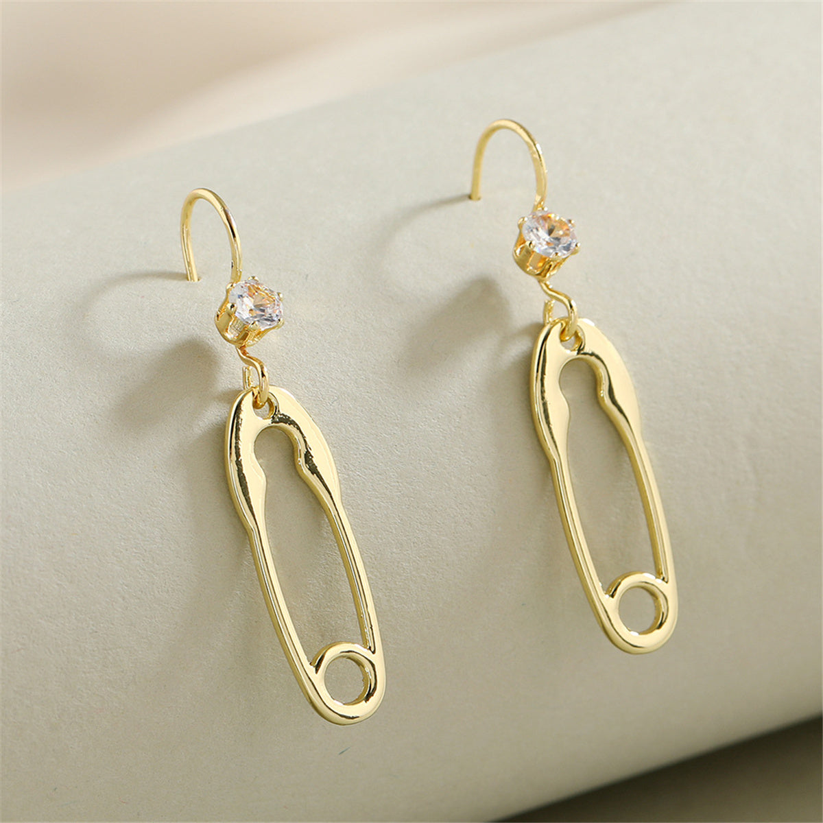 Cubic Zirconia and 18K Gold-Plated Safety Pin Drop Earrings, gold drop earrings for women, everyday style, side view