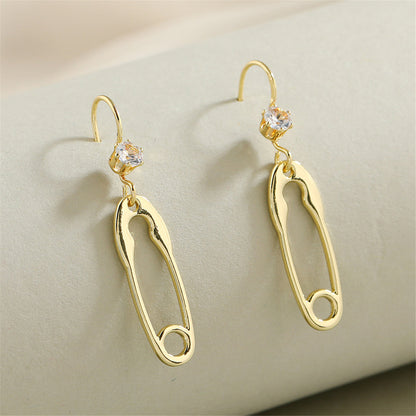 Cubic Zirconia and 18K Gold-Plated Safety Pin Drop Earrings, gold drop earrings for women, everyday style, side view