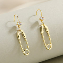 Cubic Zirconia & 18K Gold-Plated Safety Pin Drop Earrings