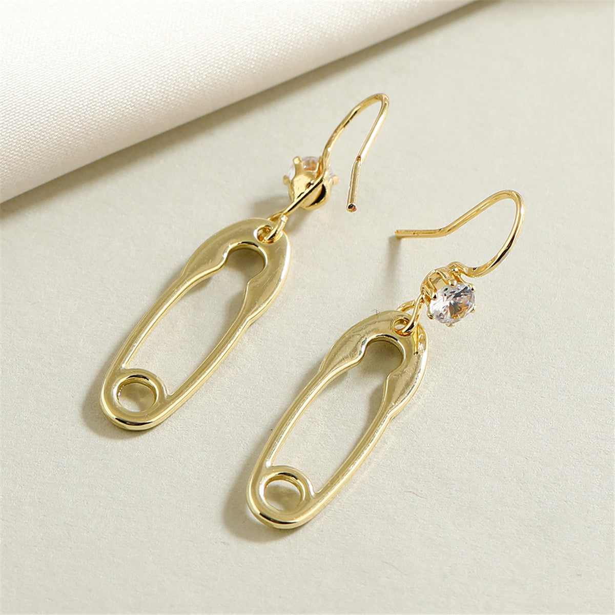 Cubic Zirconia and 18K Gold-Plated Safety Pin Drop Earrings, gold drop earrings for women, everyday style, lifestyle look