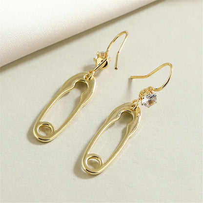 Cubic Zirconia and 18K Gold-Plated Safety Pin Drop Earrings, gold drop earrings for women, everyday style, lifestyle look