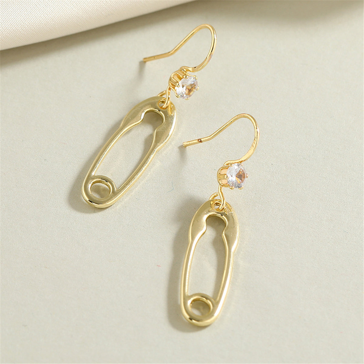 Cubic Zirconia and 18K Gold-Plated Safety Pin Drop Earrings, gold drop earrings for women, everyday style, detail close-up