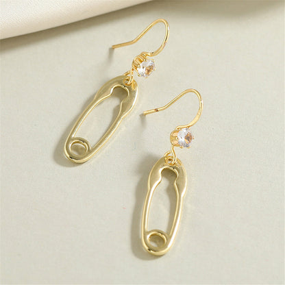 Cubic Zirconia and 18K Gold-Plated Safety Pin Drop Earrings, gold drop earrings for women, everyday style, detail close-up