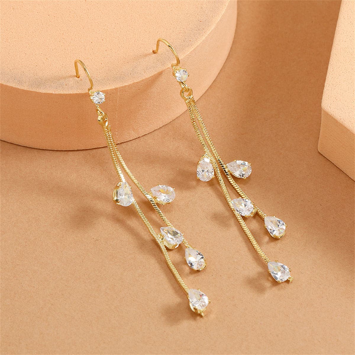 Cubic Zirconia and 18K Gold-Plated Tassel Drop Earrings, gold drop earrings for women, detail close-up