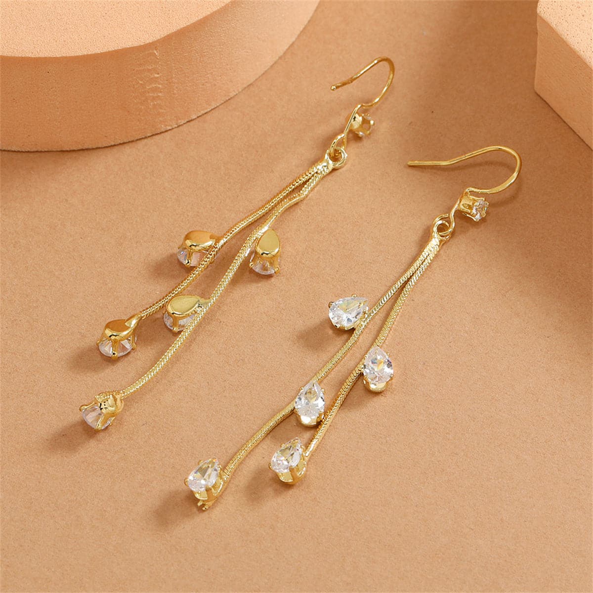 Cubic Zirconia and 18K Gold-Plated Tassel Drop Earrings, gold drop earrings for women, vintage-inspired design, front view