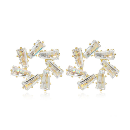 Crystal and 18K Gold-Plated Circle Flower Stud Earrings, gold stud earrings for women, vintage-inspired design, front view