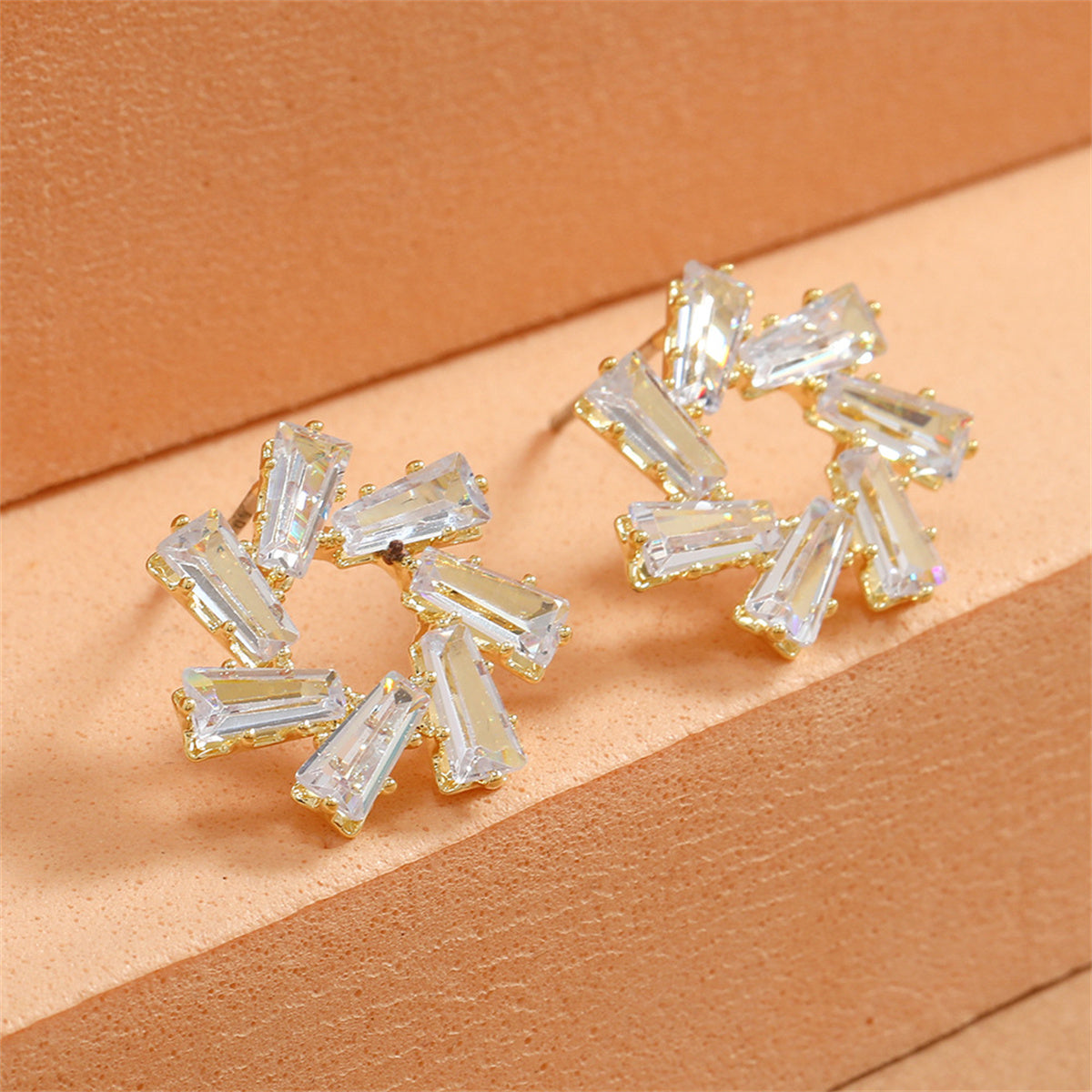 Crystal and 18K Gold-Plated Circle Flower Stud Earrings, gold stud earrings for women, vintage-inspired design, side view