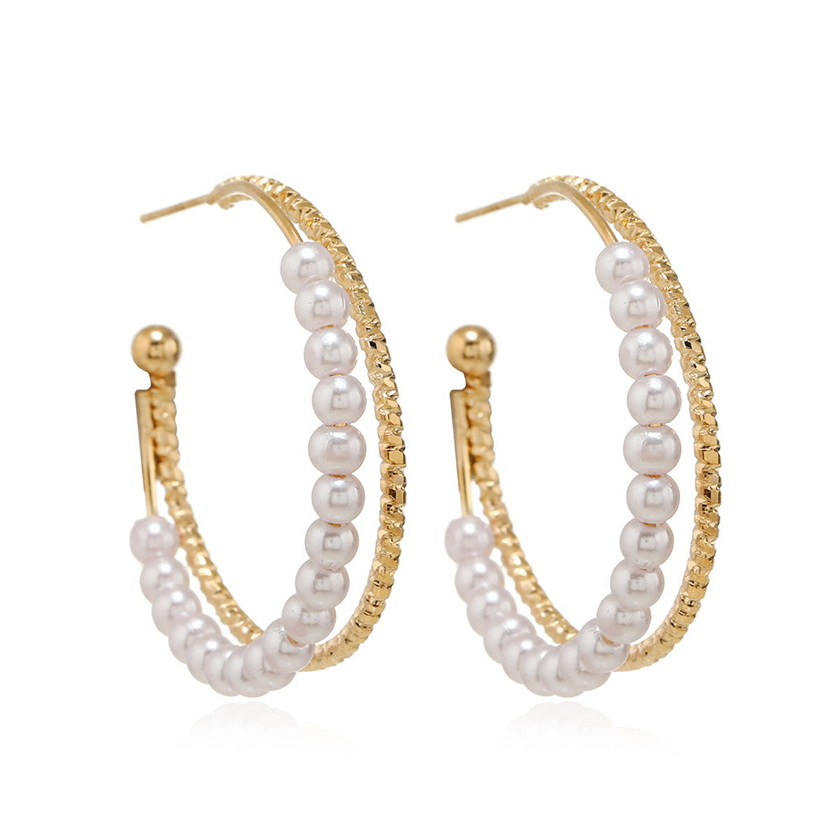 Pearl and 18K Gold-Plated Layered Hoop Earrings, botanical inspired, front view