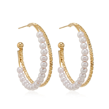 Pearl and 18K Gold-Plated Layered Hoop Earrings, botanical inspired, front view