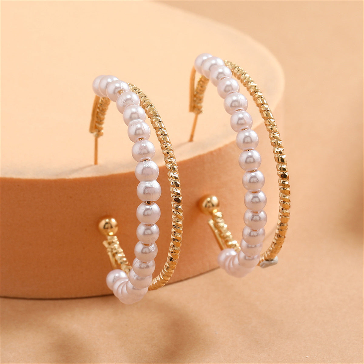 Pearl and 18K Gold-Plated Layered Hoop Earrings, botanical inspired, detail close-up