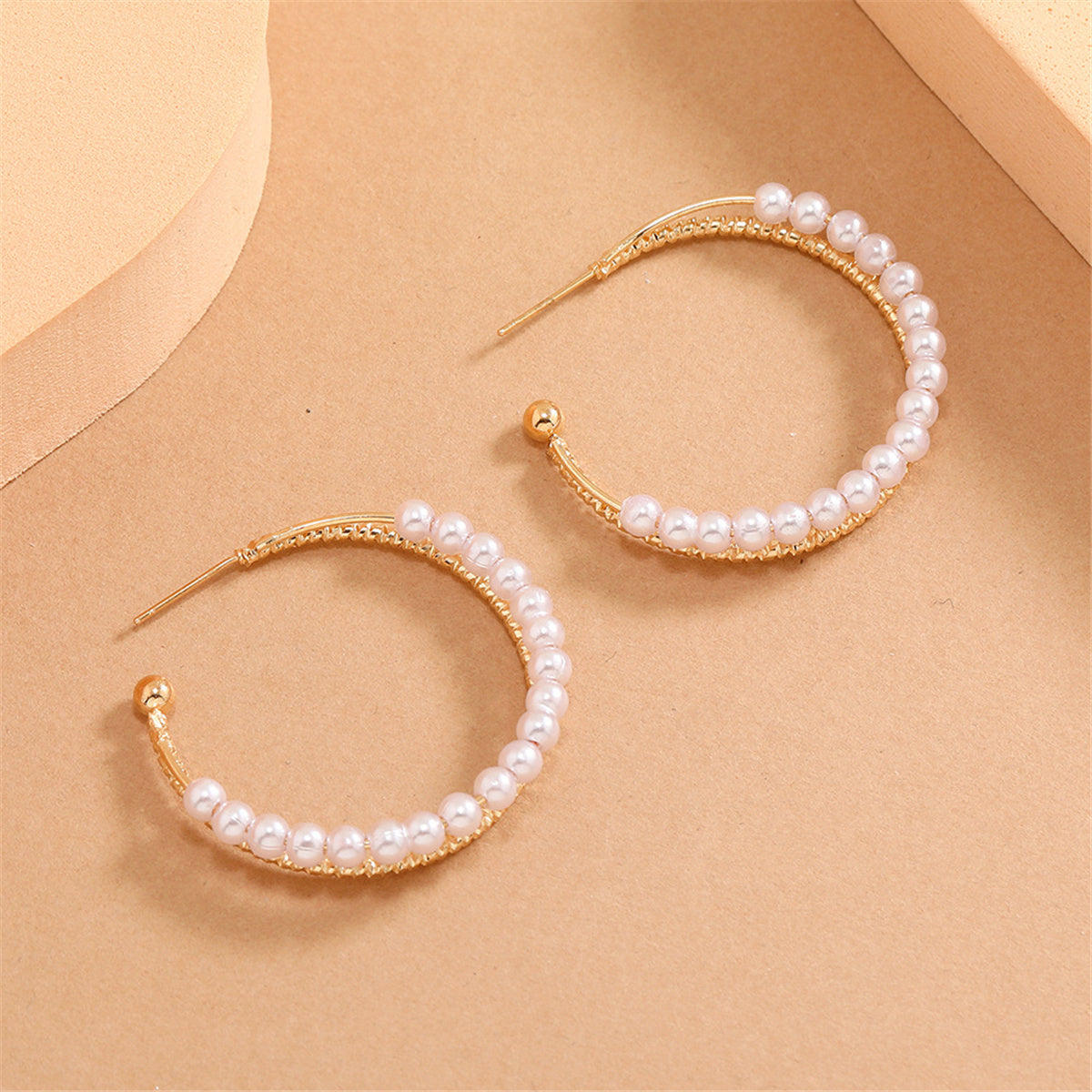 Pearl and 18K Gold-Plated Layered Hoop Earrings, botanical inspired, side view