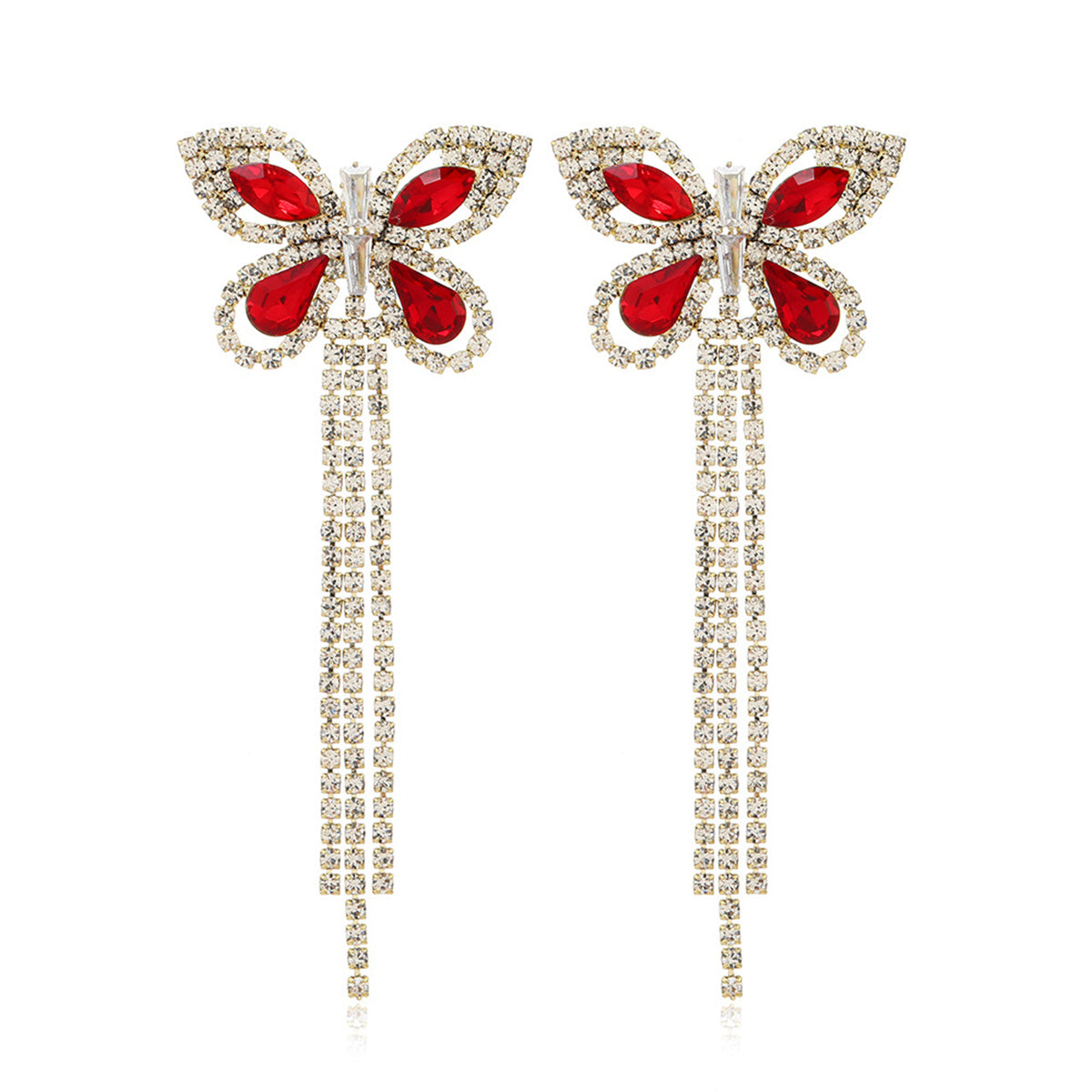 Red Crystal and Cubic Zirconia Butterfly Tassel Drop Earrings, drop earrings for women, elegant gift for her, side view