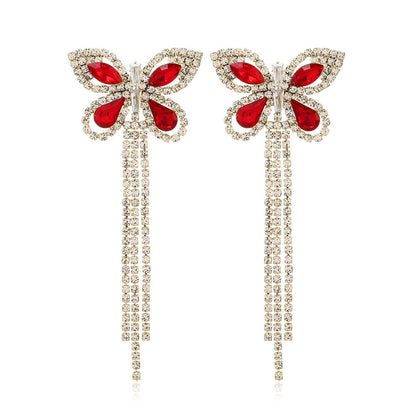 Red Crystal and Cubic Zirconia Butterfly Tassel Drop Earrings, drop earrings for women, elegant gift for her, side view