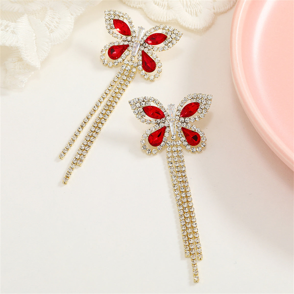 Red Crystal and Cubic Zirconia Butterfly Tassel Drop Earrings, drop earrings for women, elegant gift for her, detail close-up