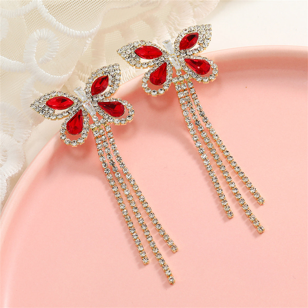 Red Crystal and Cubic Zirconia Butterfly Tassel Drop Earrings, drop earrings for women, elegant gift for her, front view