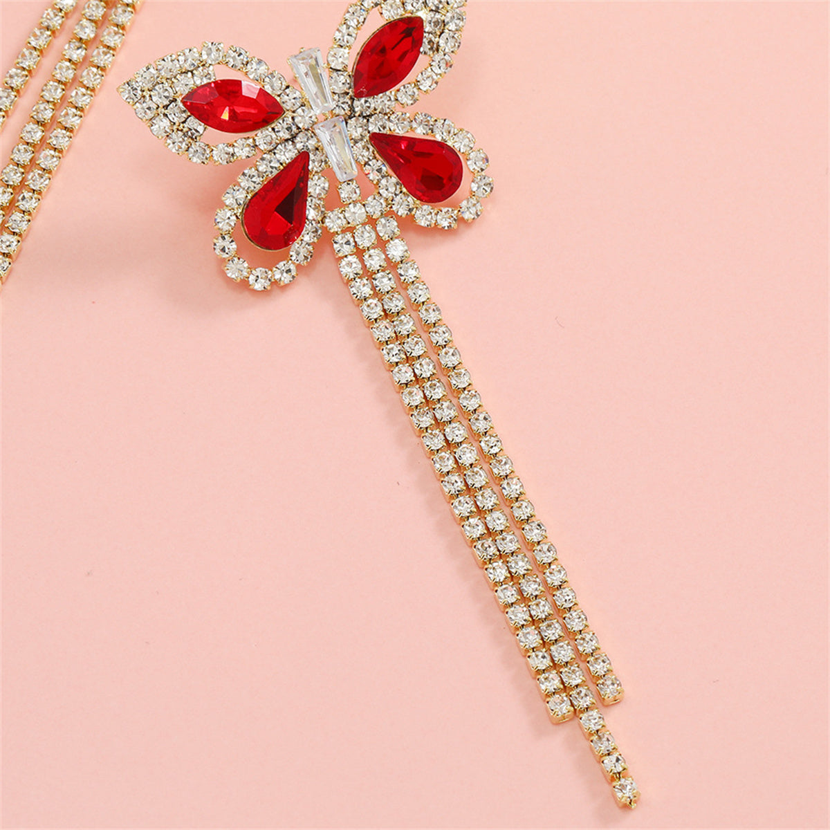 Red Crystal and Cubic Zirconia Butterfly Tassel Drop Earrings, drop earrings for women, elegant gift for her, lifestyle look