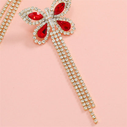 Red Crystal and Cubic Zirconia Butterfly Tassel Drop Earrings, drop earrings for women, elegant gift for her, lifestyle look