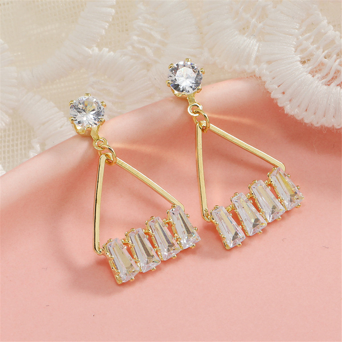 Cubic Zirconia and Crystal Triangle Drop Earrings, drop earrings for women, everyday style, detail close-up