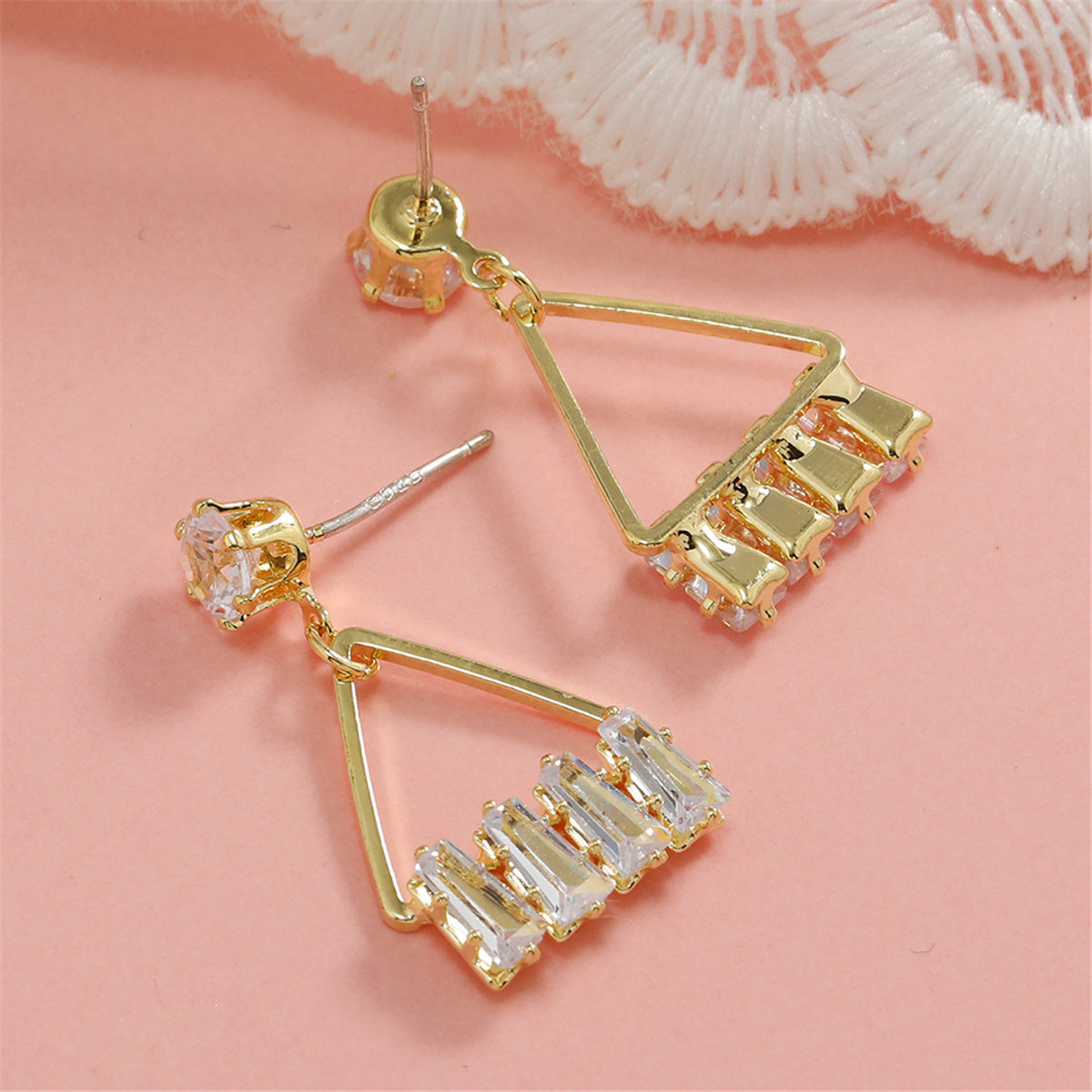 Cubic Zirconia and Crystal Triangle Drop Earrings, drop earrings for women, everyday style, lifestyle look