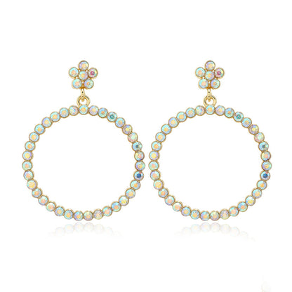 Iridescent Cubic Zirconia and 18K Gold-Plated Floral Circle Drop Earrings, gold drop earrings for women, front view