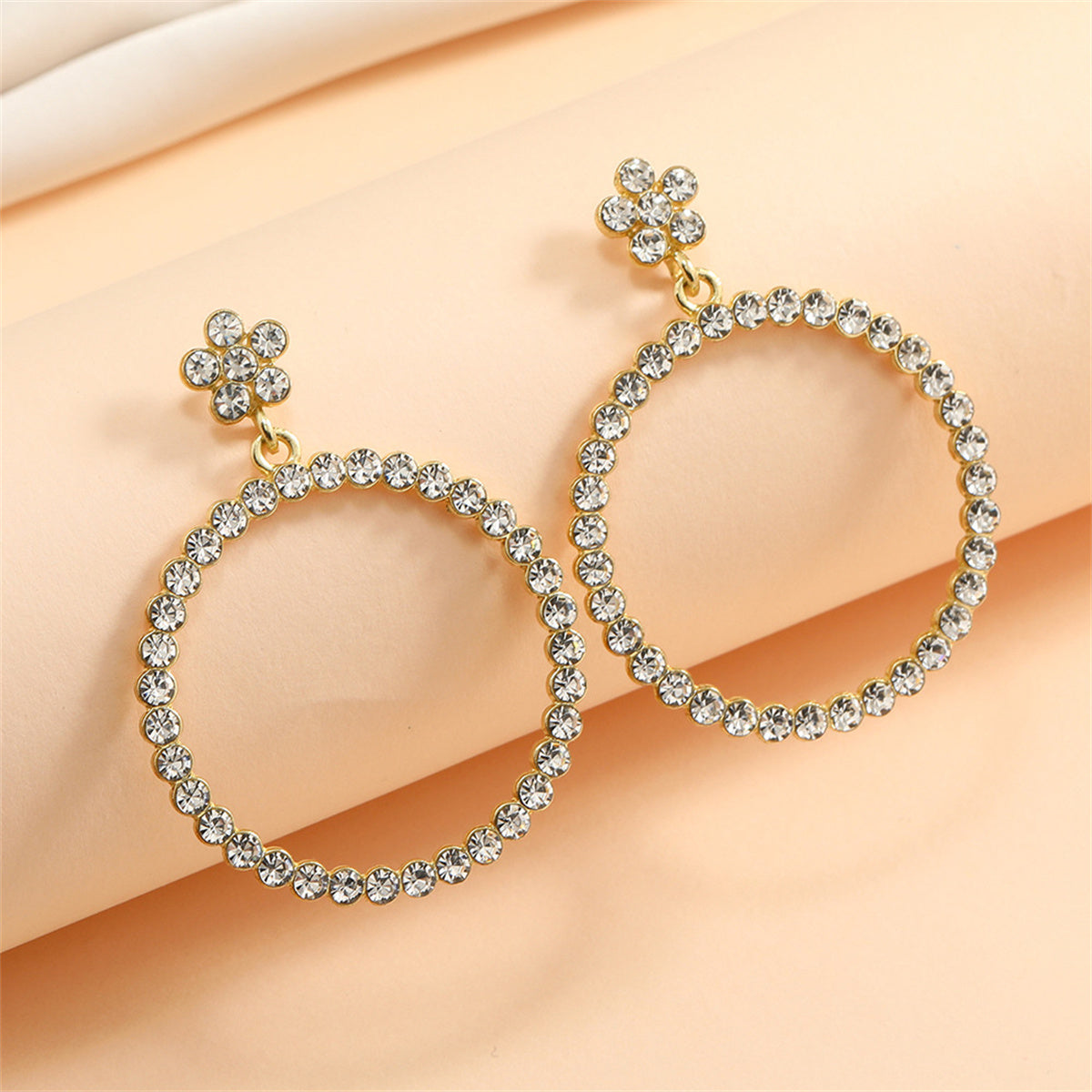 Iridescent Cubic Zirconia and 18K Gold-Plated Floral Circle Drop Earrings, gold drop earrings for women, detail close-up