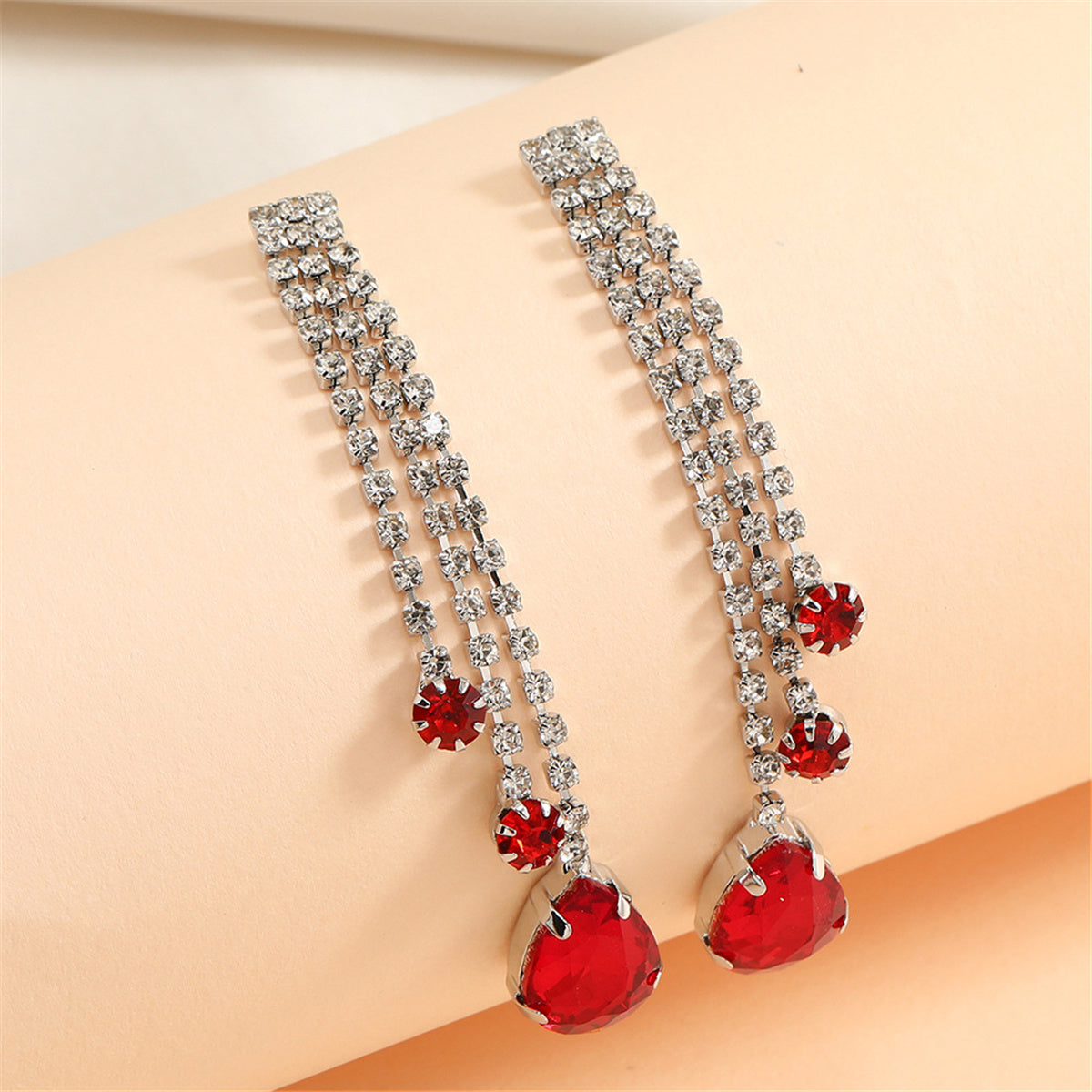 Red Crystal and Cubic Zirconia Tassel Drop Earrings, drop earrings for women, botanical inspired, detail close-up