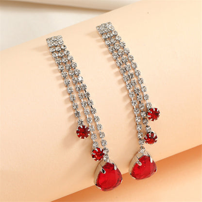 Red Crystal and Cubic Zirconia Tassel Drop Earrings, drop earrings for women, botanical inspired, detail close-up