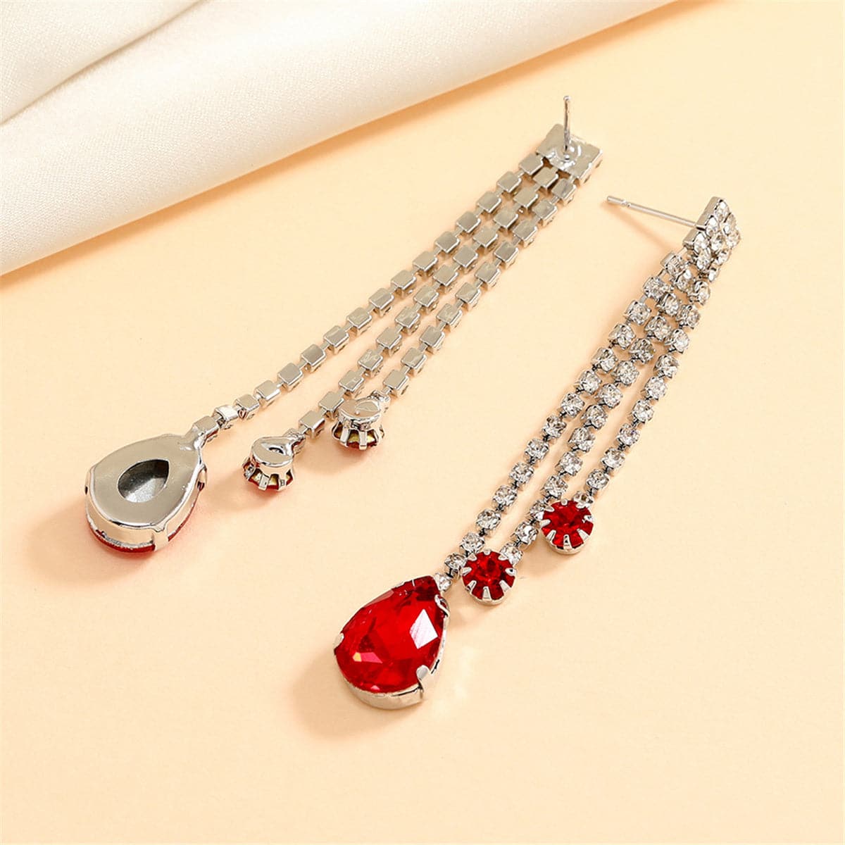 Red Crystal and Cubic Zirconia Tassel Drop Earrings, drop earrings for women, botanical inspired, front view