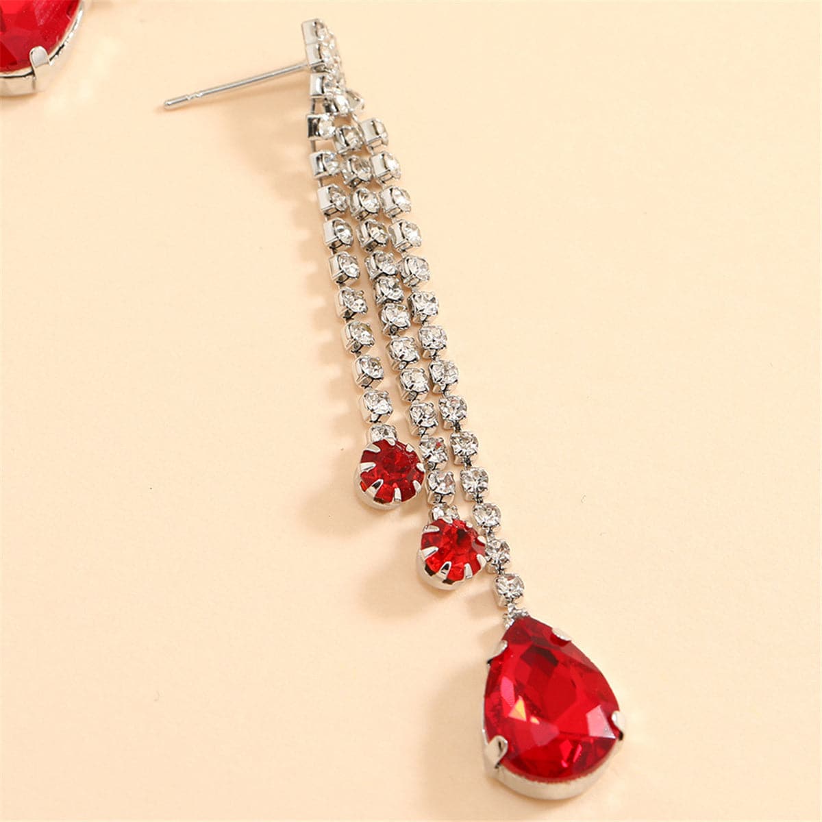 Red Crystal and Cubic Zirconia Tassel Drop Earrings, drop earrings for women, botanical inspired, side view