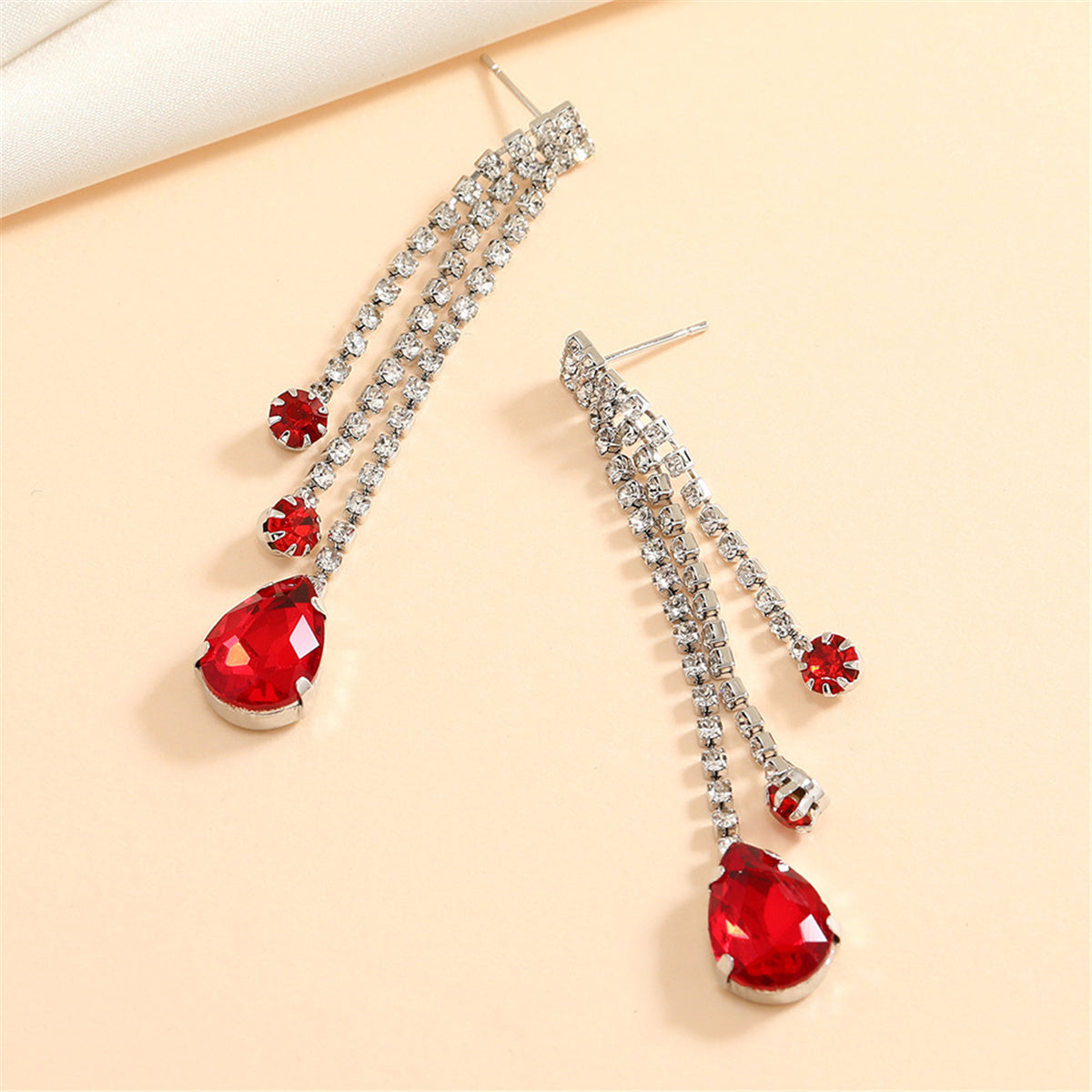 Red Crystal and Cubic Zirconia Tassel Drop Earrings, drop earrings for women, botanical inspired, lifestyle look