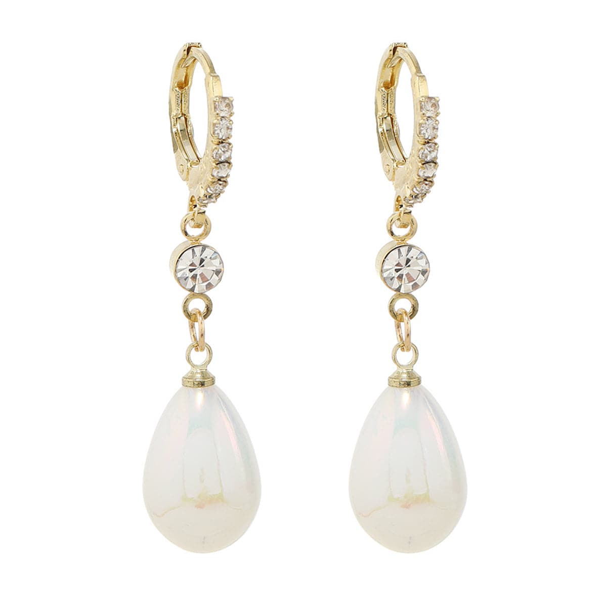 Pearl and Cubic Zirconia 18K Gold-Plated Drop Huggie Earrings, gold huggie earrings, botanical inspired, front view