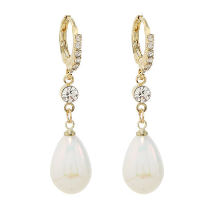 Pearl and Cubic Zirconia 18K Gold-Plated Drop Huggie Earrings, gold huggie earrings, botanical inspired, front view