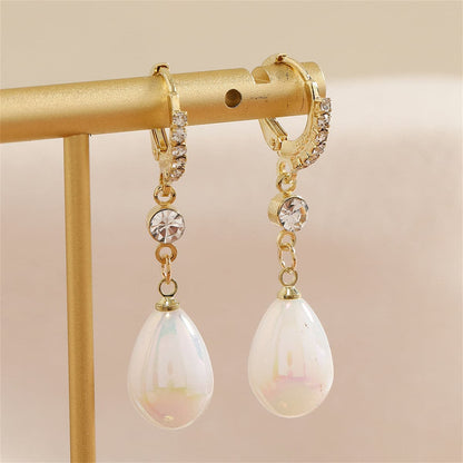 Pearl and Cubic Zirconia 18K Gold-Plated Drop Huggie Earrings, gold huggie earrings, botanical inspired, side view