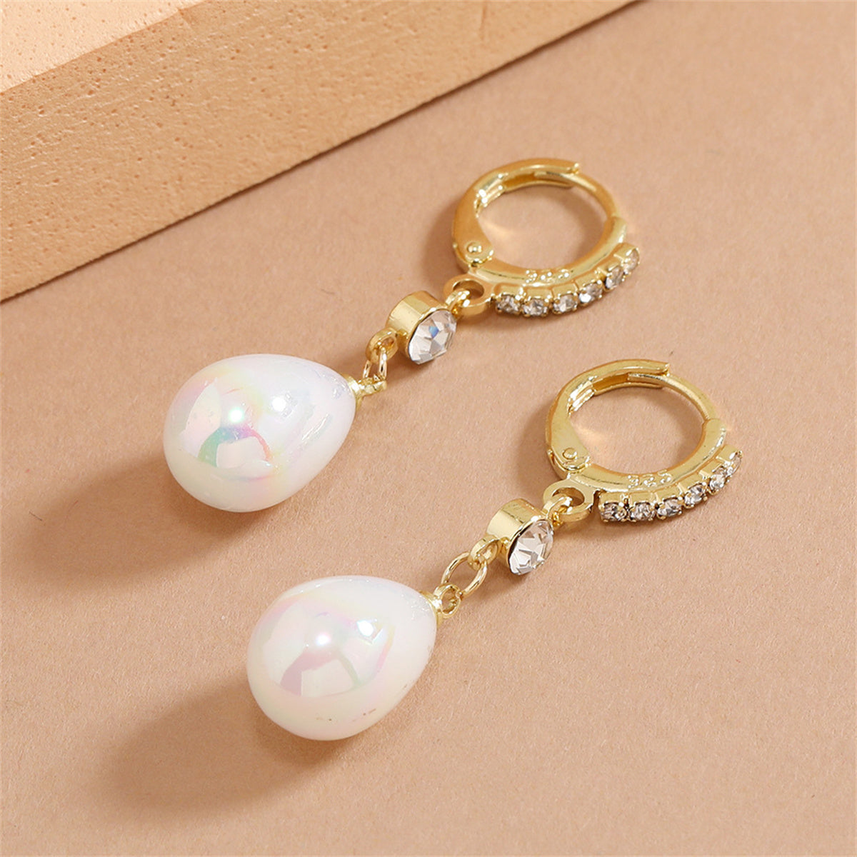 Pearl and Cubic Zirconia 18K Gold-Plated Drop Huggie Earrings, gold huggie earrings, botanical inspired, styled look