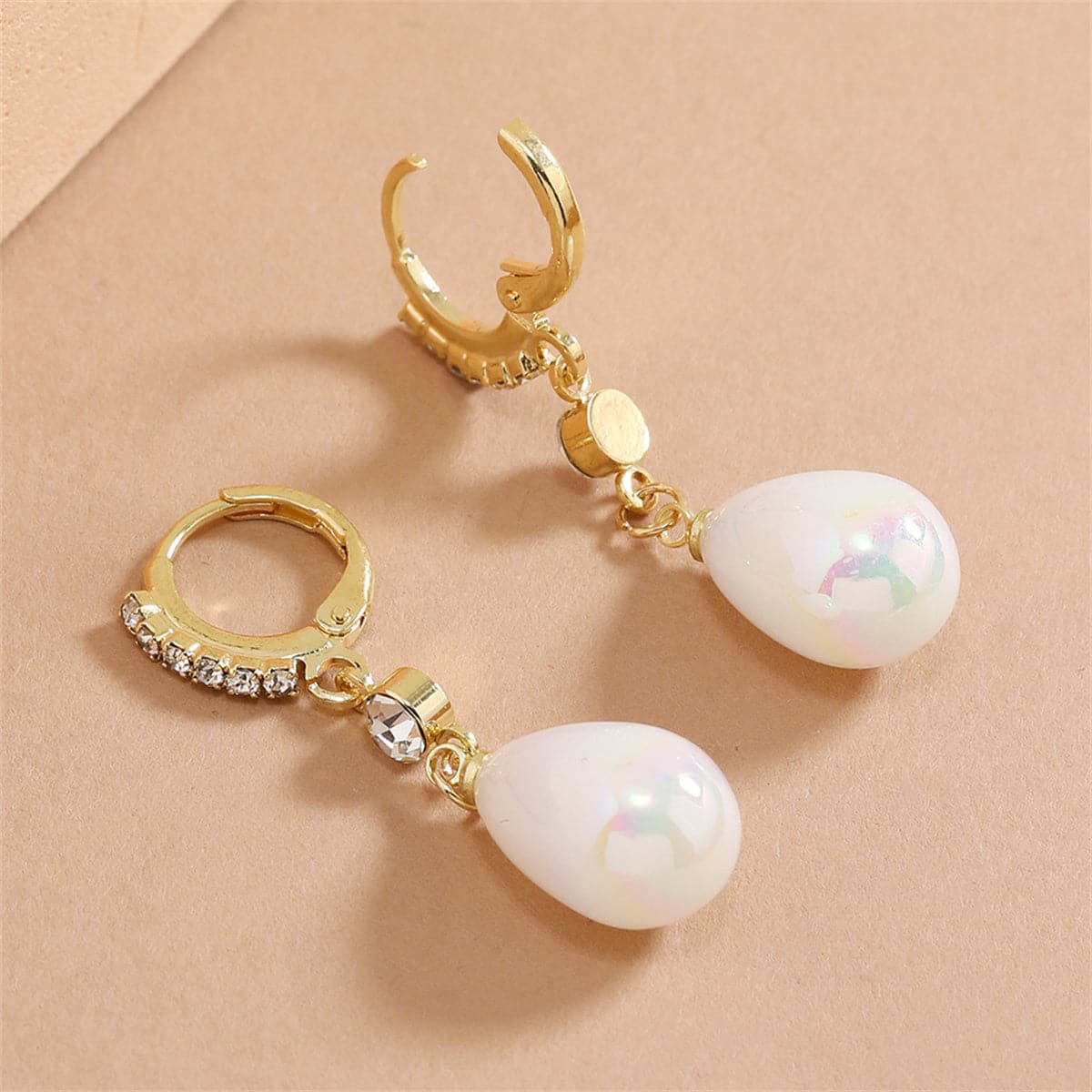 Pearl and Cubic Zirconia 18K Gold-Plated Drop Huggie Earrings, gold huggie earrings, botanical inspired, detail close-up