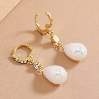 Pearl and Cubic Zirconia 18K Gold-Plated Drop Huggie Earrings, gold huggie earrings, botanical inspired, detail close-up