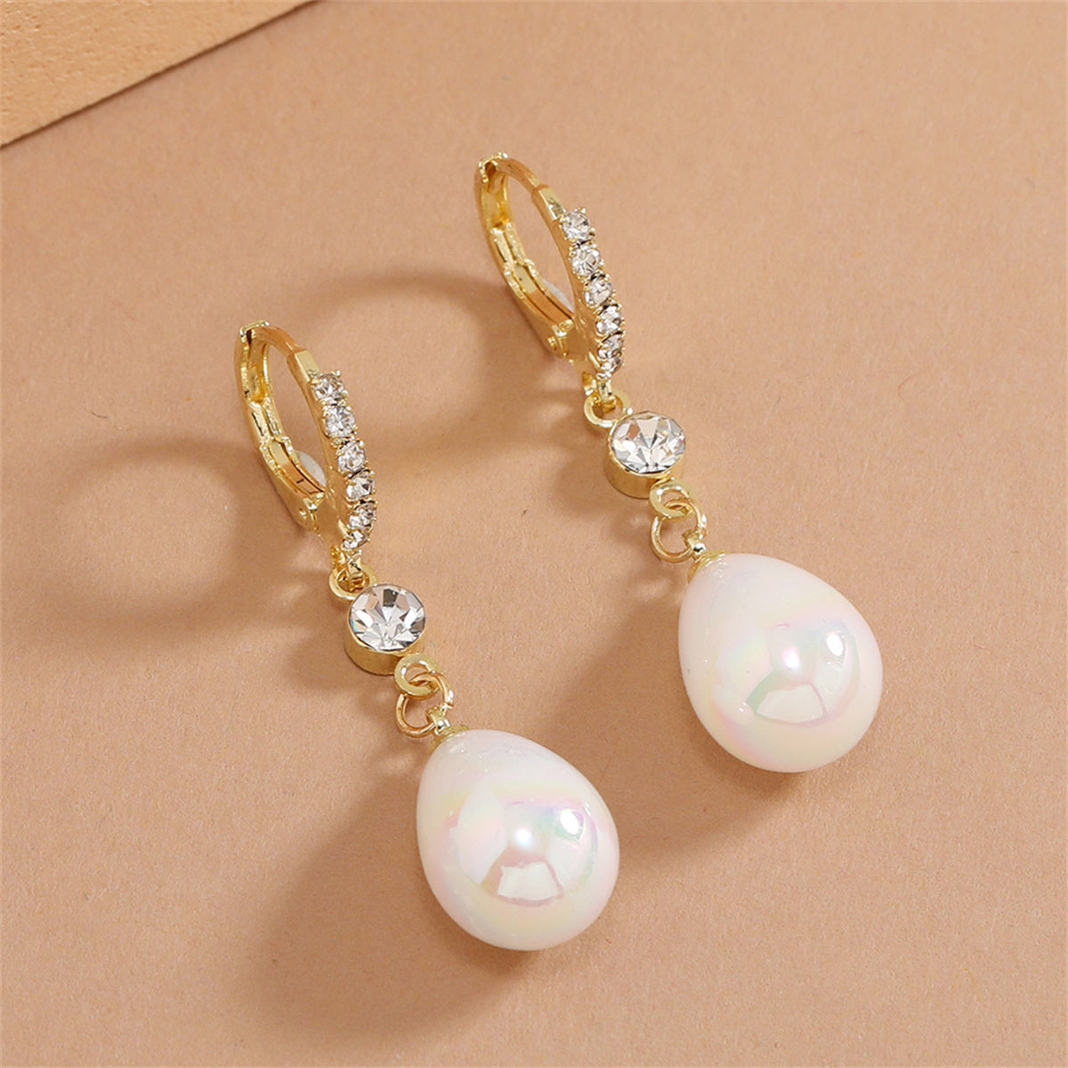 Pearl and Cubic Zirconia 18K Gold-Plated Drop Huggie Earrings, gold huggie earrings, botanical inspired, lifestyle look