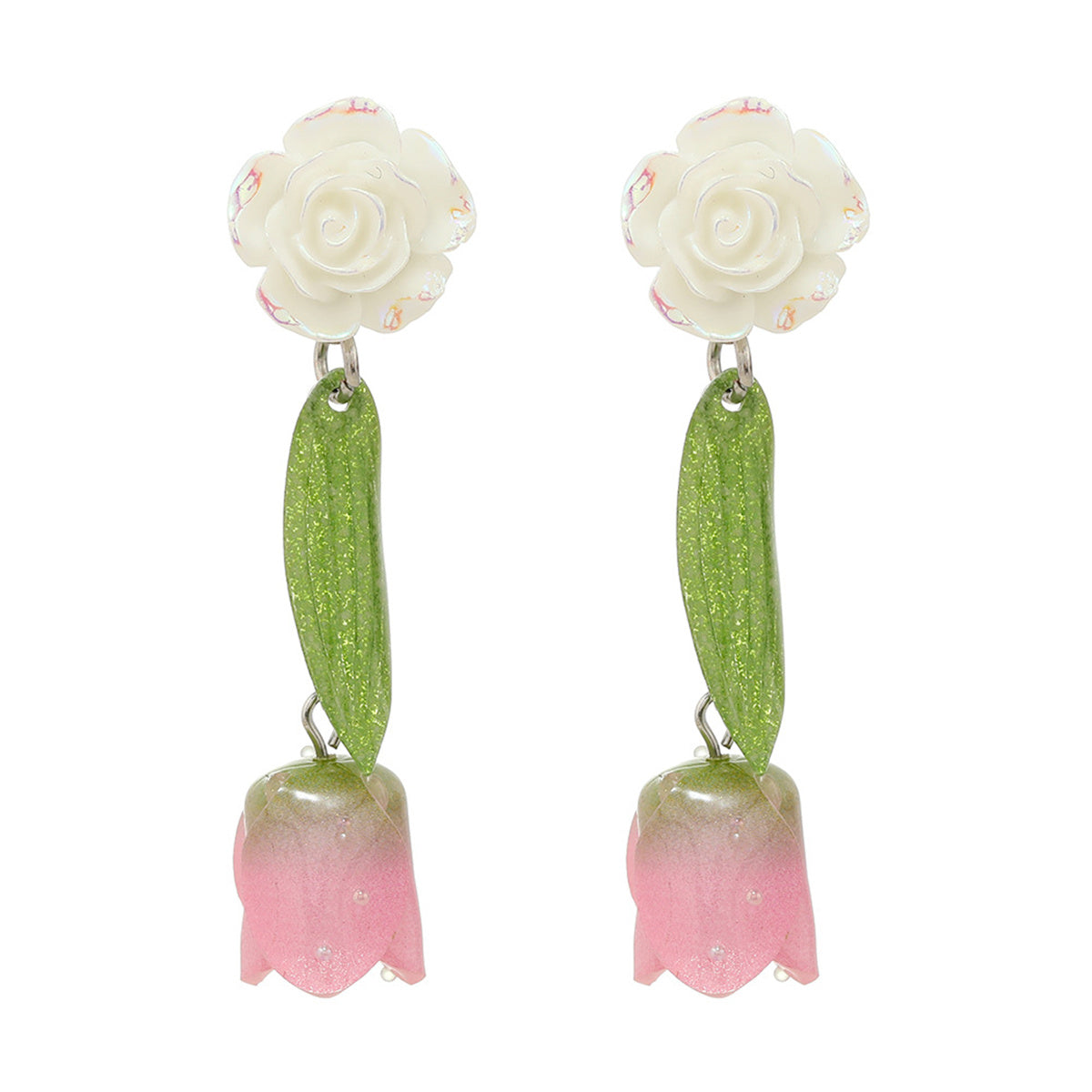 Pink and White Acrylic Flower Drop Earrings, drop earrings for women, vintage-inspired design, front view