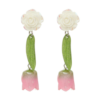 Pink and White Acrylic Flower Drop Earrings, drop earrings for women, vintage-inspired design, front view