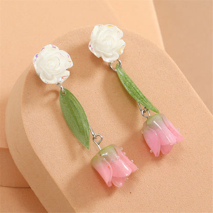 Pink and White Acrylic Flower Drop Earrings, drop earrings for women, vintage-inspired design, detail close-up