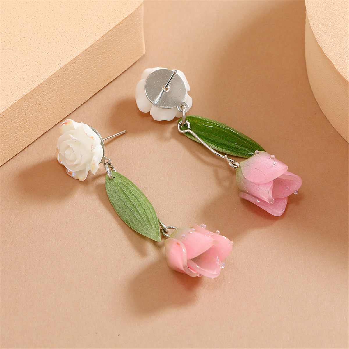 Pink and White Acrylic Flower Drop Earrings, drop earrings for women, vintage-inspired design, lifestyle look