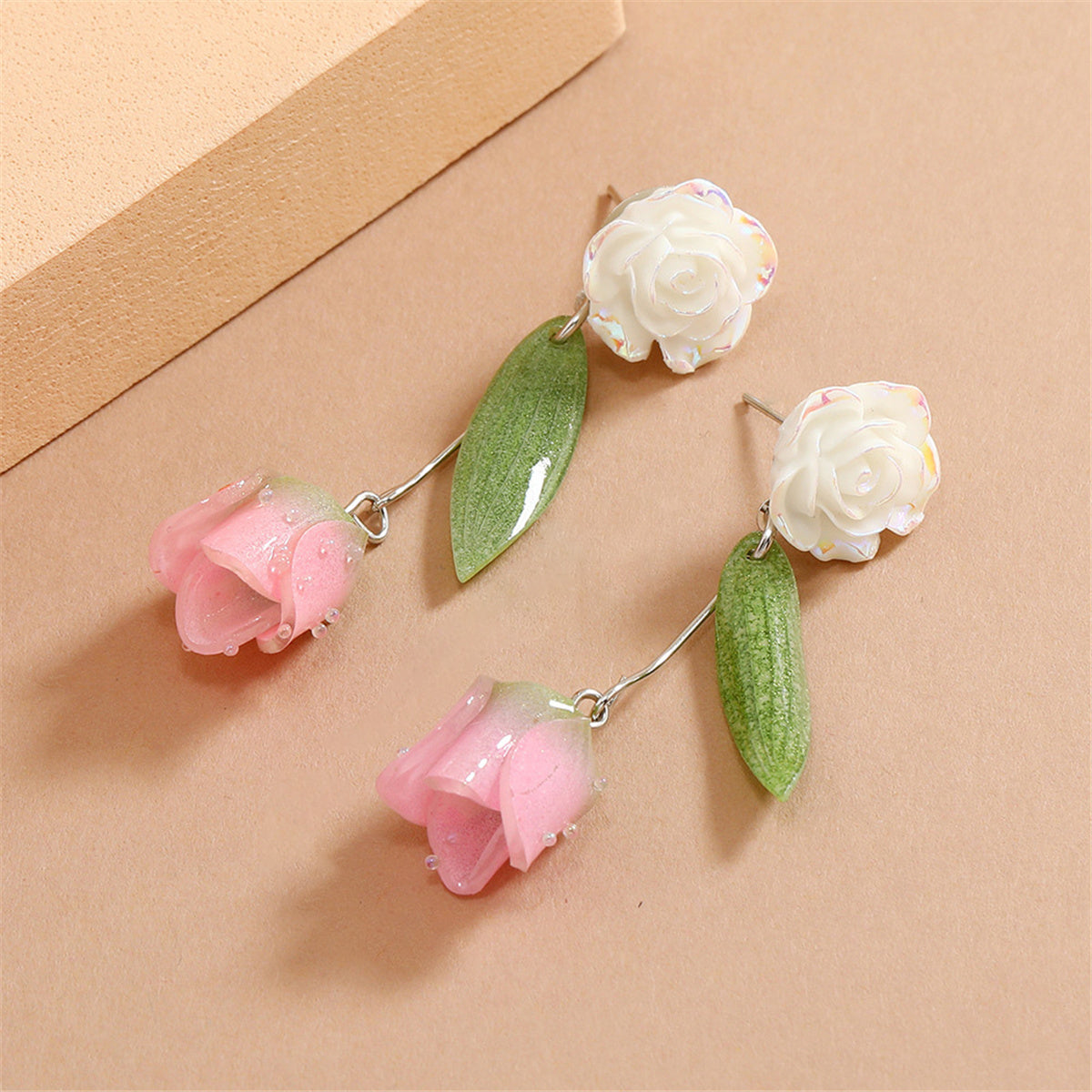 Pink and White Acrylic Flower Drop Earrings, drop earrings for women, vintage-inspired design, styled look
