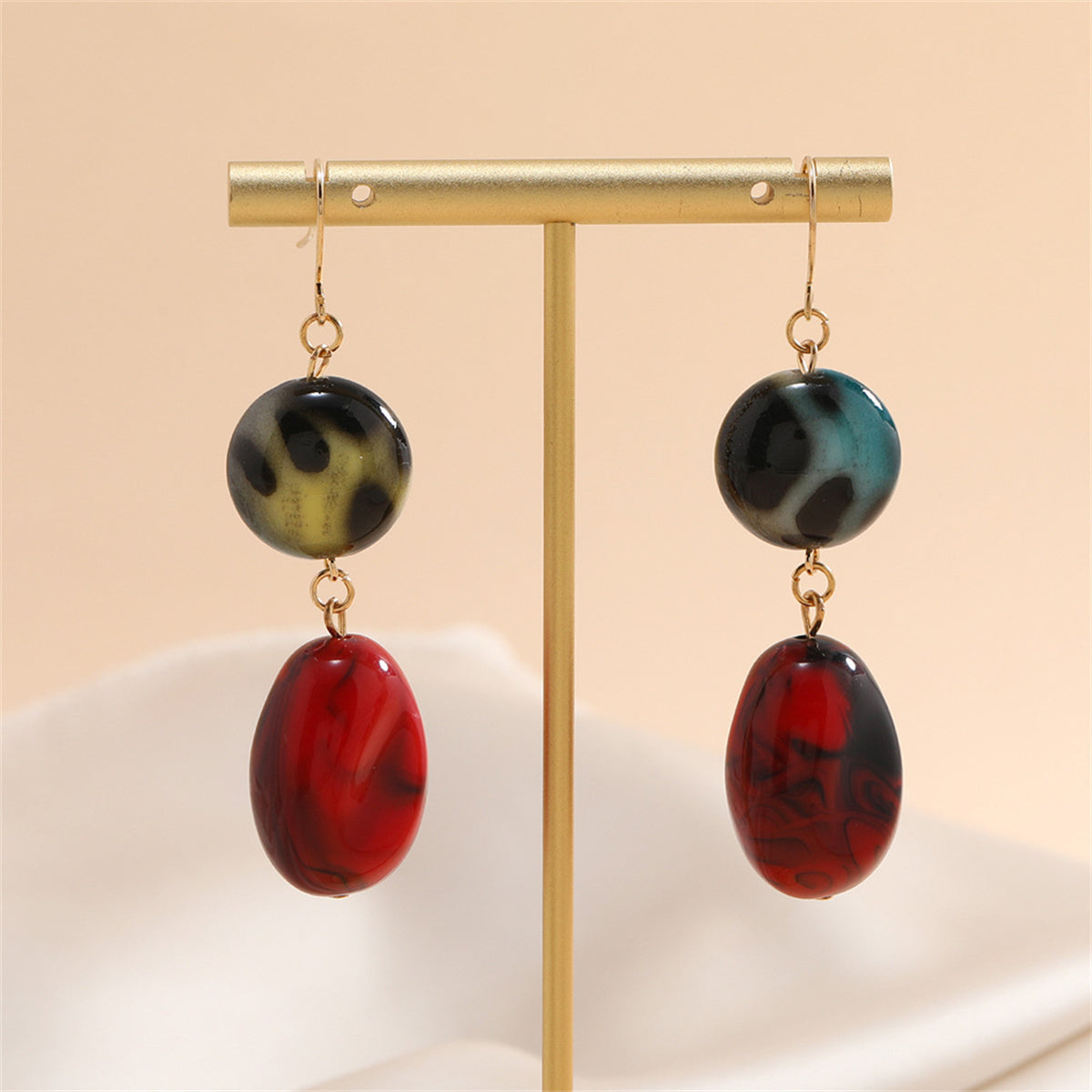 Red Quartz and 18K Gold-Plated Round Oval Drop Earrings, gold drop earrings for women, botanical inspired, detail close-up