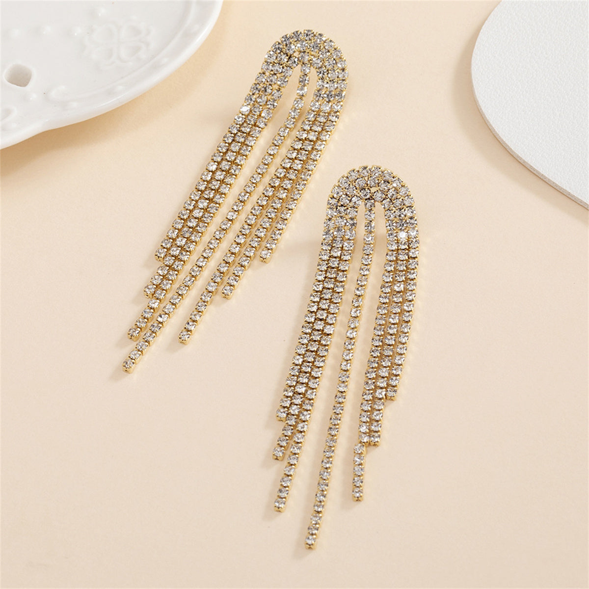 Cubic Zirconia and 18K Gold-Plated Tassel Strand Drop Earrings, gold drop earrings for women, detail close-up