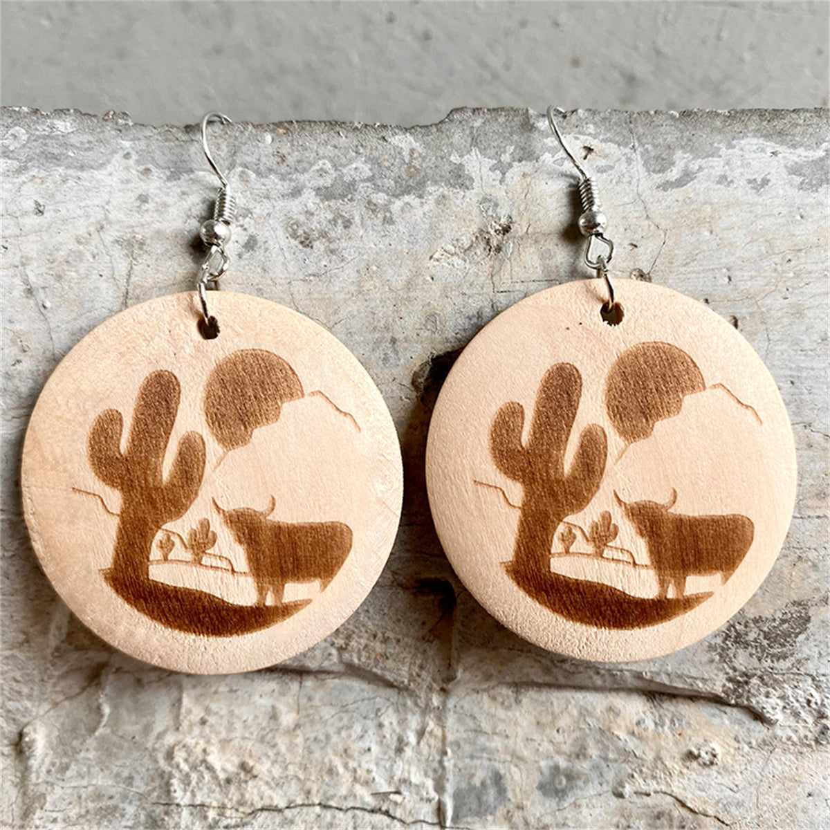 Wood and Silver-Plated Sunset Cactus Cattle Round Drop Earrings, silver drop earrings for women, everyday style, front view