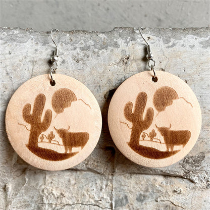 Wood and Silver-Plated Sunset Cactus Cattle Round Drop Earrings, silver drop earrings for women, everyday style, front view
