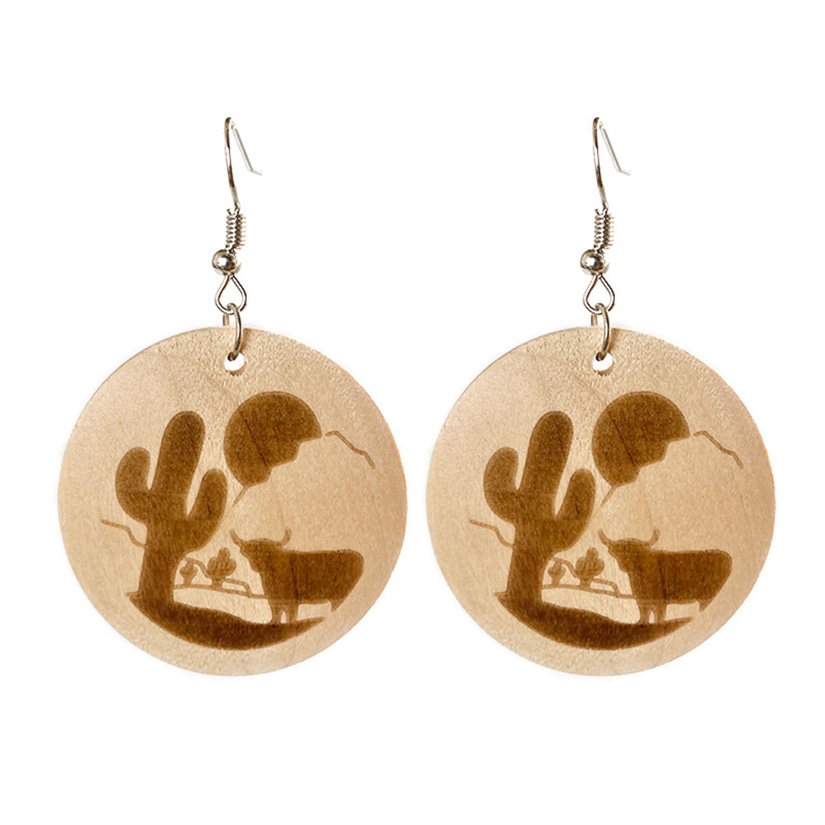 Wood and Silver-Plated Sunset Cactus Cattle Round Drop Earrings, silver drop earrings for women, everyday style, side view